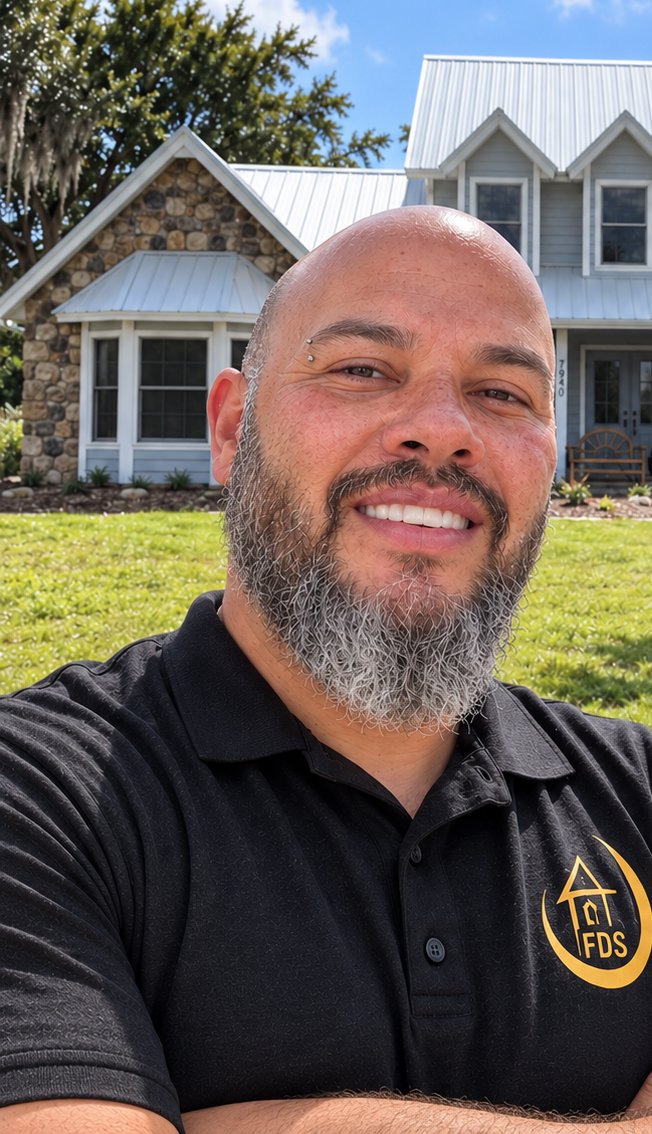 Doug Marquis, owner of Florida Doug Services, in front of a client's home.